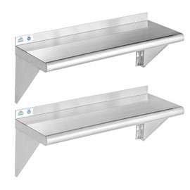 ROCKPOINT Stainless Steel Shelf 12 x 30 Inches 280lb, 2 Pack NSF Metal Commercial Shelves Wall Mount Floating Shelving with Backsplash for Restaurant, Kitchen, Home and Hotel, Silver