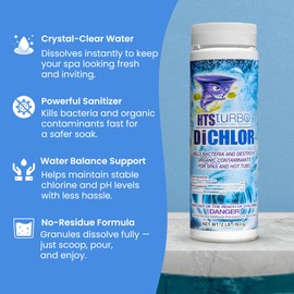 HTS Turbo Chlorine Granules for Hot Tubs and Spa - 2 lbs (32 oz) Made in USA | Stabilized Dichlor, Fast-Dissolving Granular Chlorine Sanitizer | Hot Tub Spa Water Care Treatment