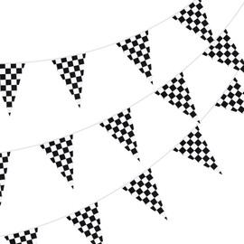 DecoGlee 100ft 48pcs Black White Checkered Racing Pennant Flags Banner,Reusable Bunting String Triangle Flags,Race Car Theme Party Decoration,Kids Birthday,Indoor and Outdoor Events