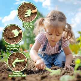 cute stone Kinder Gartengeräte Set, Gartenwerkzeug Kinder Mit Schaufel, Harke, Gießkanne, Gartentasche, Handschuhe, Schürze, DIY-Aufkleber, Out/Indoor Spielzeug Geschenk für Jungen Mädchen(Grün)