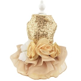 Bling Dog Dress Tutu Skirt Flower Dog Pet Cat Luxury Princess Wedding Dress Summer Dog Chihuahua Clothes (L, Gold)