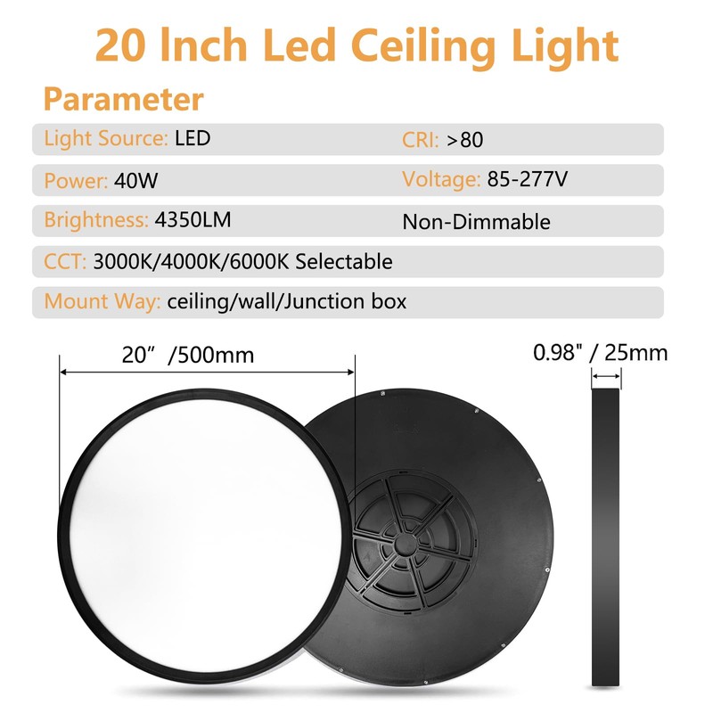 20 Inch LED Flush Mount Ceiling Light, 40W, 4350LM, 3000K/4000K/6000K
