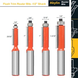 4PCS Flush Trim Router Bits Set 1/2” Shank, 2 Flute bottom Bearing Template Bits,Flush Cut Router Bit for Woodworking Trimming (Cutting Dia: 1/4” 3/8” 5/16” 1/2”)