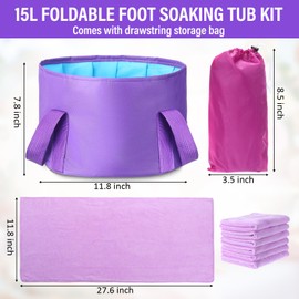 FillTouch 12 Pcs 15L Foldable Foot Soaking Tub Kit Portable Foot Bath Tub for Soaking Feet with Towel and Storage Bag Soak Spa Bucket for Travel Camping (Purple)