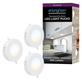 Enbrighten Recessed Surface LED Puck Lights, 3 Pucks, Under Cabinet Lighting, 690 Lumens, Five White Settings from (2700K-6500K), Linkable, Under Counter Lighting, Kitchen, Counter, Indoor, 81812-T1