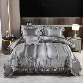 Satin Comforter Set with Sheet Set King 8 Pieces Silk Like Grey Bedding Comforter Set Silky Ruffle Pattern Luxury Silky Comforter Set with 1 Cushion Cover (King, Grey)