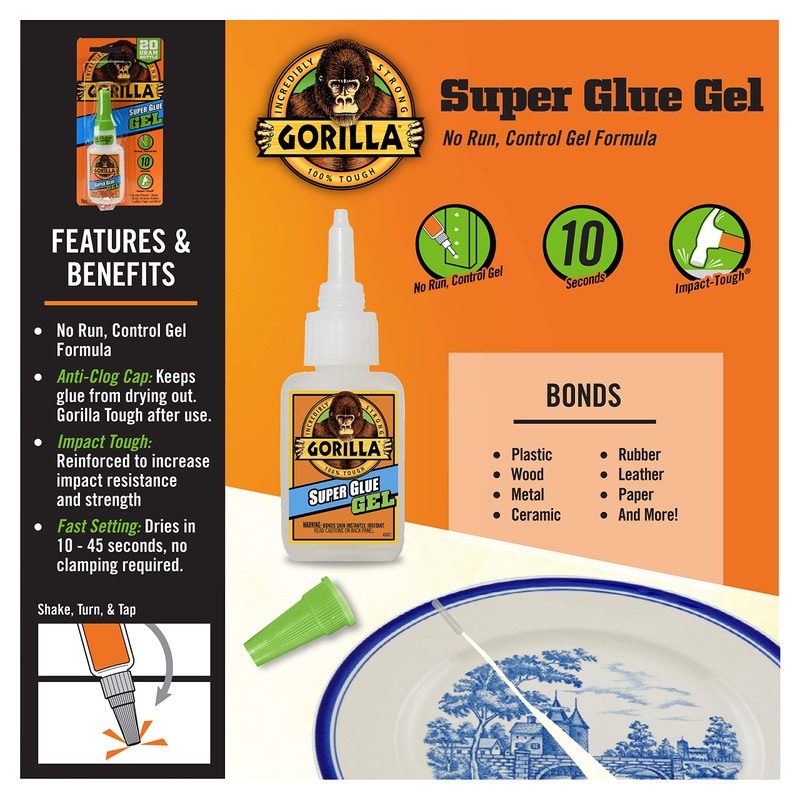 Gorilla Super Glue Gel, Clear Glue, 20 Gram (Pack of