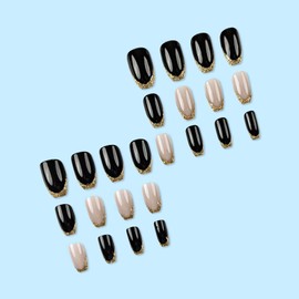 French Tip Press on Nails Short Coffin Nails Press ons with Gold Glitter Design Glue on Nails Black Full Cover Acrylic Fake Nails Glossy Artificial Stick on Nails for Women 24Pcs