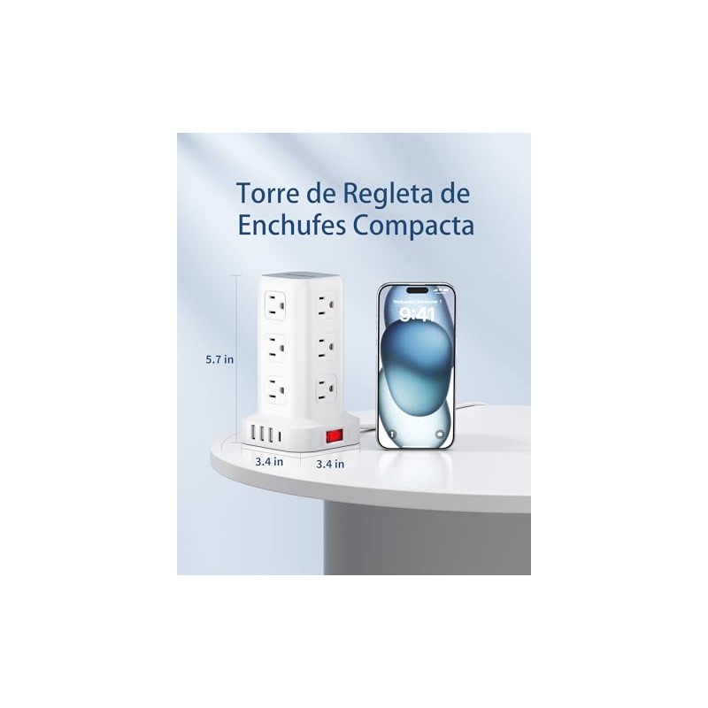 SMALLRT Torre Regleta Multicontacto con Protector de Sobretensión, 2.98M Extension
