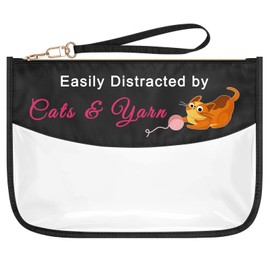Cat Gifts for Girls Women Yarn Themed Gift Makeup Bag Funny Crocheting Knitting Gift Christmas Birthday Gift for Cat Lover Crochet Lover Friends Sister Mom Grandmother Clear Cosmetic Toiletry Pouch