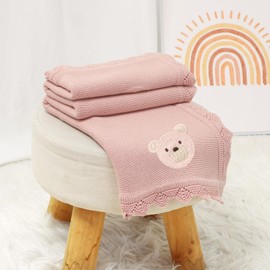 DovFanny Cotton Cellular Baby Blanket Knitted Soft Blanket for Newbron Baby Boy and Girls with Lovely Embroidery Bear