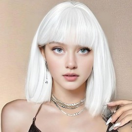 PARXITN Bob Wig with Fringe White Wig Synthetic Hair Shoulder Length Party Cosplay Wavy Wigs for Women Girls