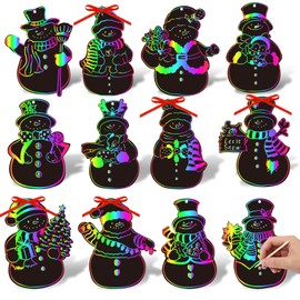 JarThenaAMCS 120Pcs Winter Snowman Scratch Paper Rainbow DIY Scratch Art Magic Scratch Off Cutout with 120Pcs Ribbons 60Pcs Wooden Styluses for Christmas Craft Party Game
