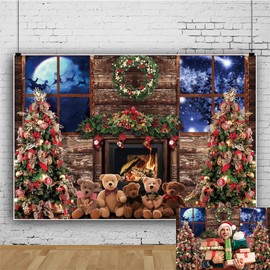 8x6ft Christmas Fireplace Photography Backdrop Christmas Theme Party Decorations Banner Indoor Christmas Trees Picture Window Scene Photo Background Photo Booth Props