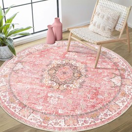Castage Pink Round Rug 4ft, Circle Washable Area Rugs for Bedroom Bathroom Entryway Kitchen, Small Boho Vintage Bohemian Distressed Oriental Floral Carpet Non Slip,Blush Floral Flowers