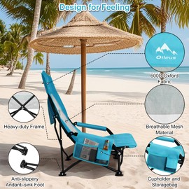 Oileus Folding Portable Beach Chair, High-Back Low-Seat Lightweight Chair for Beach Tents, Shelters, and Camping, Full Mesh Backrest | Cup Holder | Storage Bag | Carrying Bag | 2 Armrests