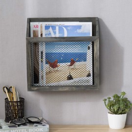 MyGift Rustic Magazine Holder Vintage Gray Wood and Chicken Wire Design Wall Mounted/Tabletop Mail Sorter, Farmhouse Home, Bathroom, Office Magazine Rack