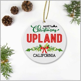 Merry Christmas Upland California Ornament - Plastic Round Decoration Ornament Keepsake Christmas Tree Decor Housewarming Gifts Ideas for Friends, Family Members, Couples and Newlywed