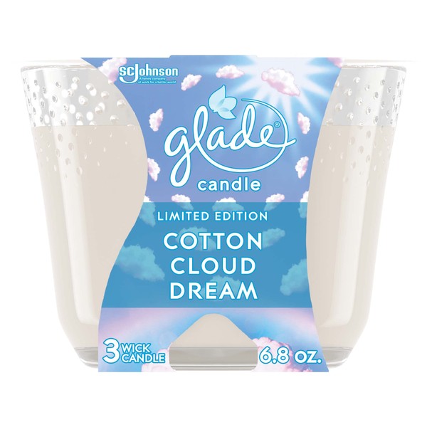 Glade Candle Cotton Cloud Dream, Fragrance Candle Infused with Essential Oils, Air Freshener Candle, 3-Wick Candle, 6.8oz