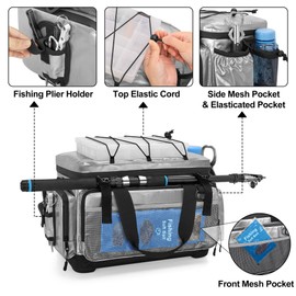 Rexmica Fishing Tackle Bag with Hard Bottom for 3700/3600/3500 Tackle Box, Waterproof Freshwater & Saltwater Fishing Storage Bag, Tackle Box Storage Case with Rod Holder, Pliers Storage