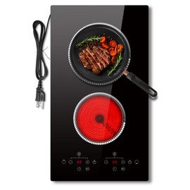 2 Burner Electric Cooktop, 120V Electric Stove Top Touch Control, 12 Inch Double Burner Countertop 2000W with Timer & 9-Level Adjustment, Child Lock, Built-in Radiant Plug In Stove Top Pladeca