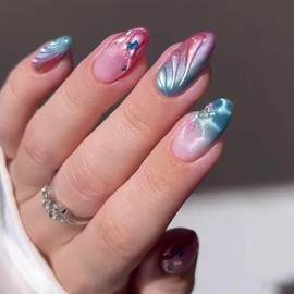 24Pcs Blue Red Gradient Press on Nails Short Almond ZIFANHU Cat's Eye Fake Nails Press ons Stereo Ripple Nail Tips Glue on Nails Full Cover Acrylic Nail Kit False Nails Glossy Stick on Nails for Women