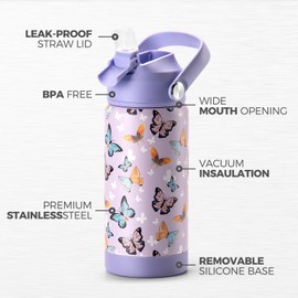 Choco Mocha Kids Insulated Water Bottle for Girls with Straw Lid, 450ml/14Oz Todder Children's Stainless Steel with Handle for School, Purple Unicorn