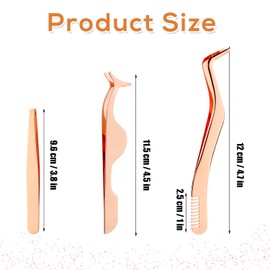 3pcs Eyelash Tweezers Clip, Multifunctional Lash Tweezers Set Stainless Steel Eyelash Applicator Tool Reusable Eyelash Extension Tweezers for Clusters False Lashes Makeup (Rose Golden)