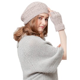 BYOS - Conjunto de gorro de punto suave y guantes de medio dedo sin dedos para mujer, Heather Lt. Juego de boina y guantes de punto trenzado, color beige, Talla única