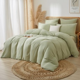 Luowei Muslin Bed Linen 135 x 200 cm Cotton Green Light Green Bed Linen Set Cotton Linen Touch Oeko-Tex Certified Duvet Cover for Friend Family Gift with Pillowcase 80 x 80 cm