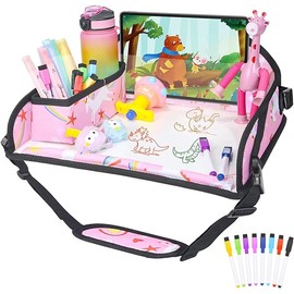 Upgraded Kids Travel Tray for Car Seat - Travel Tray for Car Airplane, Kids Car Seat Table Tray, Toddler Car Seat Lap Tray, Carseat Lap Desk for Kids Road Trip Activities, Pink Unicorn