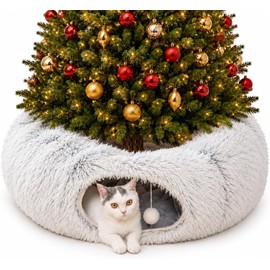 Fluffy Cat Tunnel Bed Under Christmas Tree, Plush Warm White