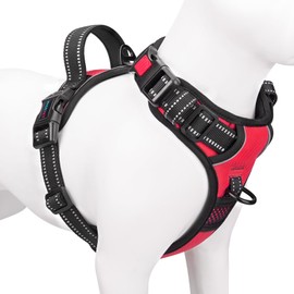 PHOEPET Reflective Dog Harness Large Breed Adjustable No Pull Vest with with Handle 2 Metal Rings 3 Buckles [Easy to Put on & Take Off](L, Red)