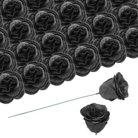 uxcell 50pcs Glitters Roses Artificial Flower, Fake Roses with 50pcs Stems Silk Real Touch Faux Roses for Wedding Party Office Shower Home Decoration, Black