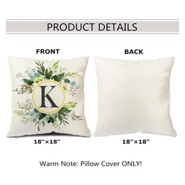Snycler Monogram Letter K Throw Pillow Covers Floral 18x18 Inch, Greenery Spring Pillows Decorative Throw Pillows Pillowcase Summer Farmhouse Decor for Couch Sofa, Family Last Name Initial Pillow Case