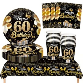 AURALIN 60th Black Gold Birthday Party Tableware Set 53P for 16 Guests
