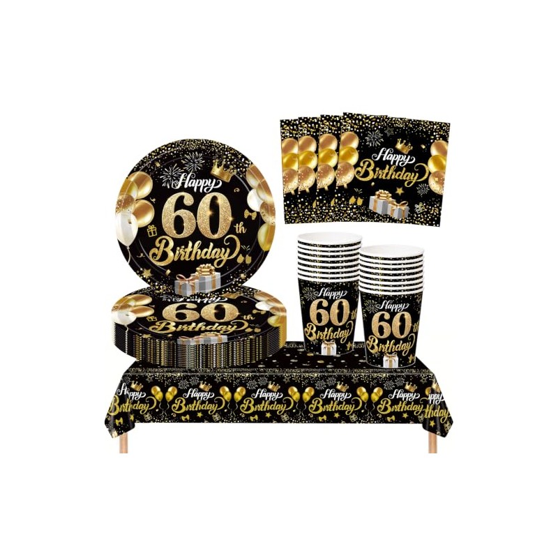 AURALIN 60th Black Gold Birthday Party Tableware Set 53P for