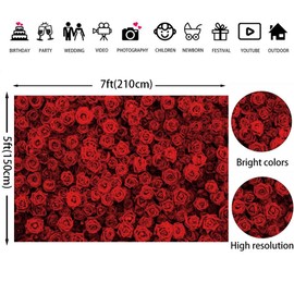 7x5ft Red Rose Floral Backdrop Rose Flowers Wall Background for Wedding Bridal Shower Mother's Day Valentine's Day Party Decorations Portrait Photo Booth Props