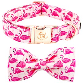 Elegant little tail Dog Collar, Pink Flamingos Puppy Collars Pet Collar with Bow Girl Cotton Bowtie Collars Spring Gift Adjustable Dog Collar for Small Dogs