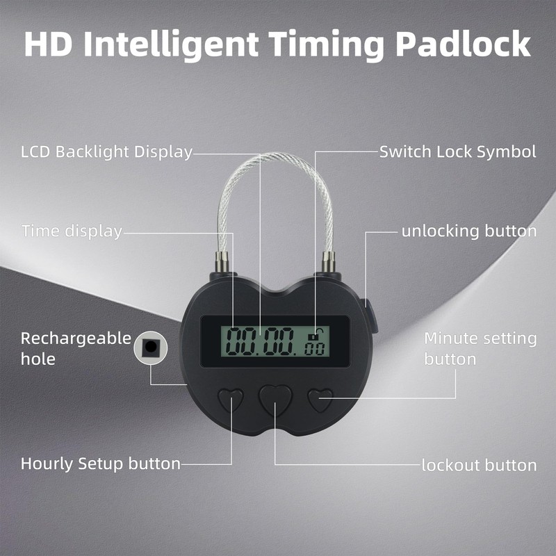KENRONE Heart Metal Timer Lock, USB Rechargeable Timer Compact Padlock