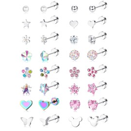 YADOCA 16 Pairs Hypoallergenic Girls Earrings for Women Kids 316L Stainless Steel CZ Pearl Ball Heart Flower Flat Back Stud Earrings Jewelry Gift Women Multicolored Pink -A