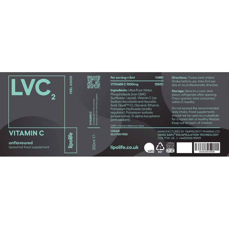 LVC2 liposomal Vitamin C 250ml - Phospholipids from Sunflower Lecithin.