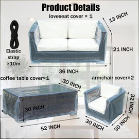 Plastic Outdoor Furniture Covers Waterproof - Clear Covers for Patio Outside Furniture Table and Chairs Set of 4 , 32 x 30 x 30, 52 x 30 x 30, 36 x 21 x 13 Inch
