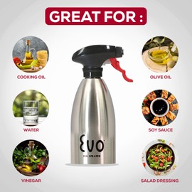 Evo Oil Sprayer 18/8 Stainless Steel, Non-Aerosol for Olive, Cooking Oils, and Vinegars, Silver, 16-Ounce Capacity