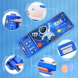【2Pack】Pop Up Multifunction Pencil Case for Girls and Boys(NO LOCK), Cute Cartoon Pen Box Organizer With Sharpener, Schedule, Whiteboard, School Supplies, Best Gifts for Kids(Blue+Black)
