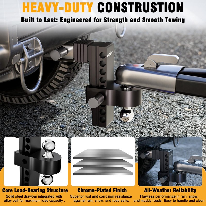Adjustable Trailer Hitch for 2-Inch Receiver-8-Inch Drop/Rise,2" & 2-5/16" Ball