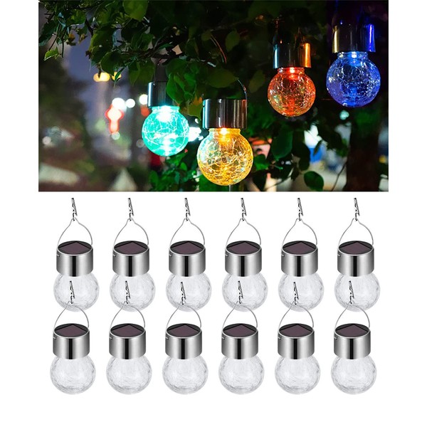 KIMI HOUSE 12 Pack Hanging Solar Powered LED Light with 10 Color Auto-Changing, Cracked Glass Ball Light, Waterproof Outdoor Christmas Decorative Lantern for Garden, Yard, Patio, Lawn