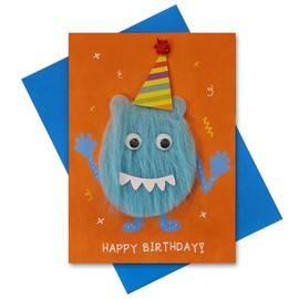 Fluffy Monster 3D Birthday Card for boys and girls - Cute cool funny Happy Birthday card with envelope for kids - Childrens bash card fun with googly eyes and party hat