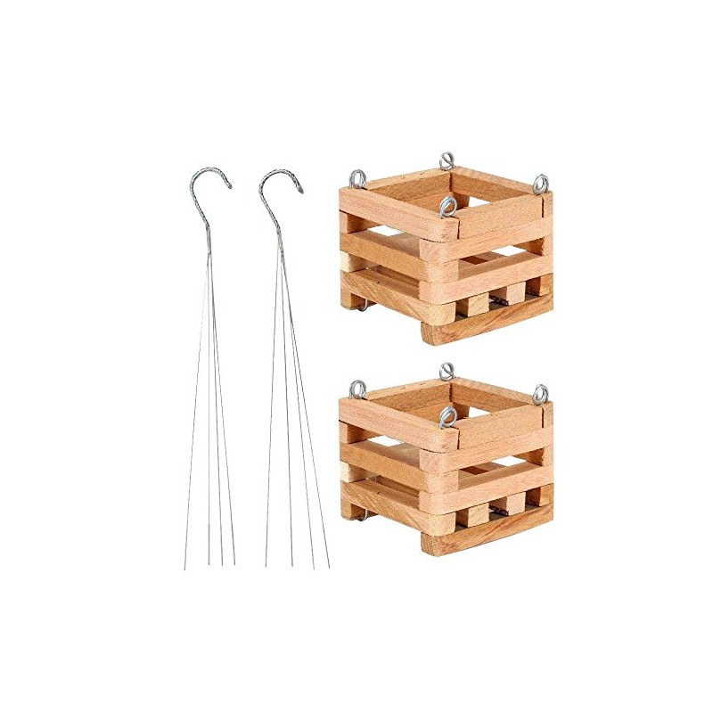 4" Natural Wooden Square Hanging Basket Outdoor Garden Planters 2-Pack