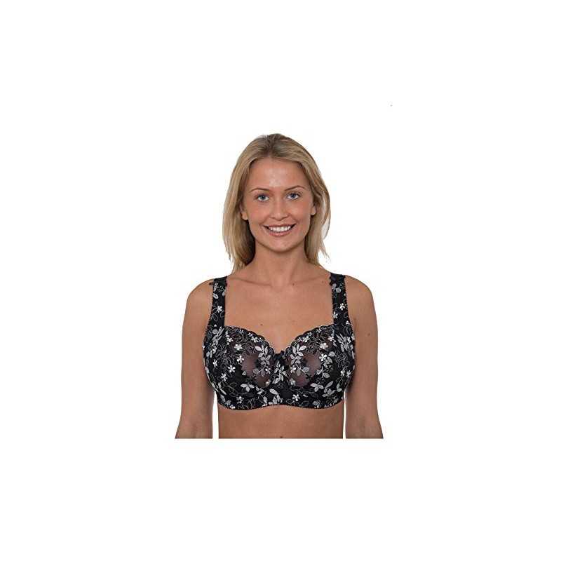 Black & Silver Underwired Full Cup Lace Bra (34F)